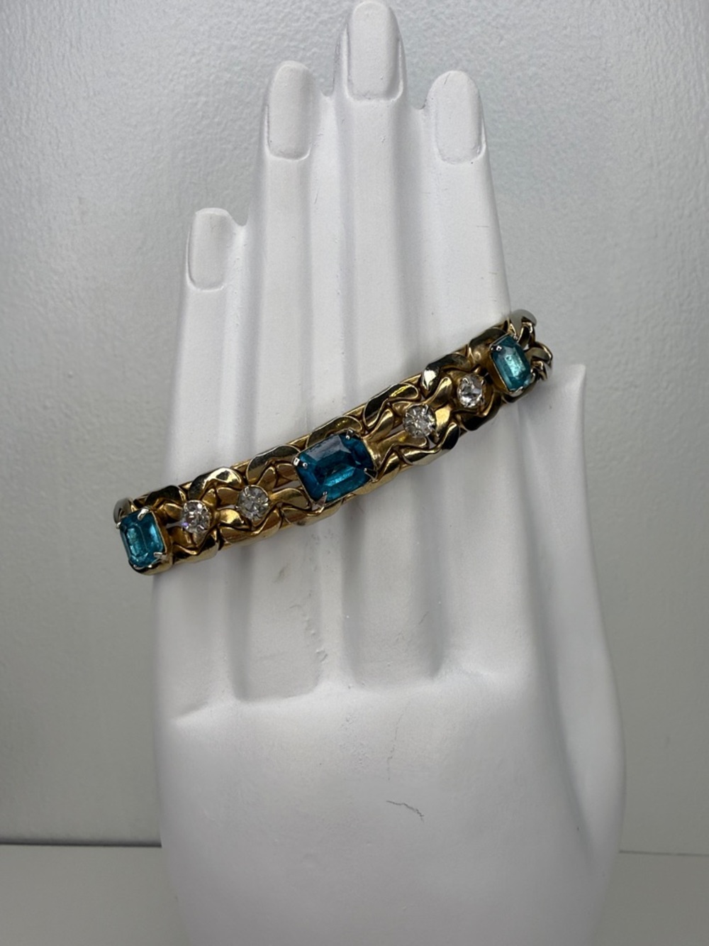 Vintage Gold-Tone Bracelet with Aqua Blue Gem Accents & Clear Stones